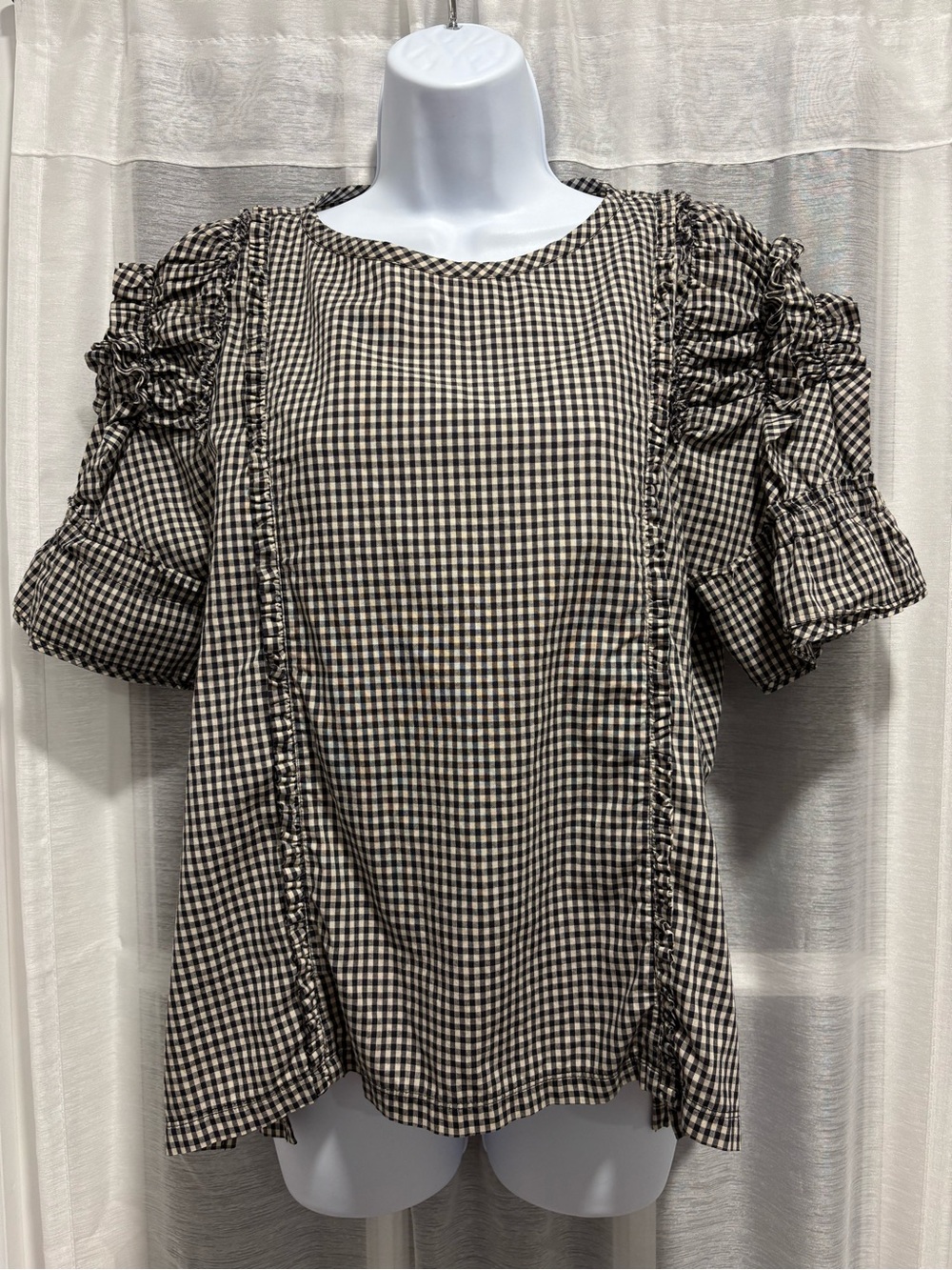 Malia Mills Black Gingham Puff Short Sleeve Ruffle Top Blouse Size Large